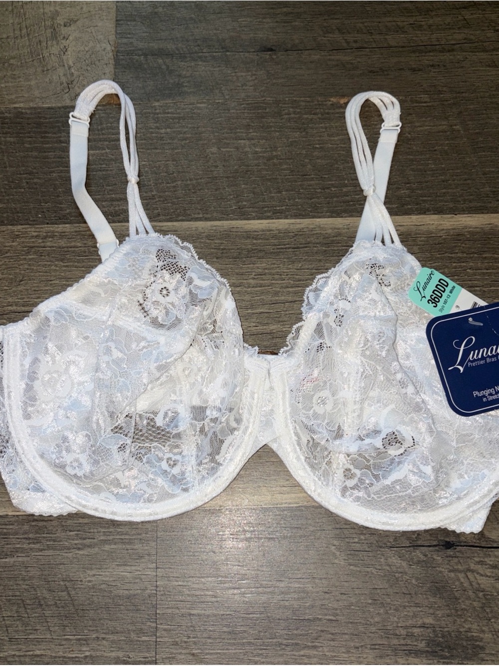 Lunaire Whimsy Embroidered White Lace Unlined Plunge Bra Size 36DDD New